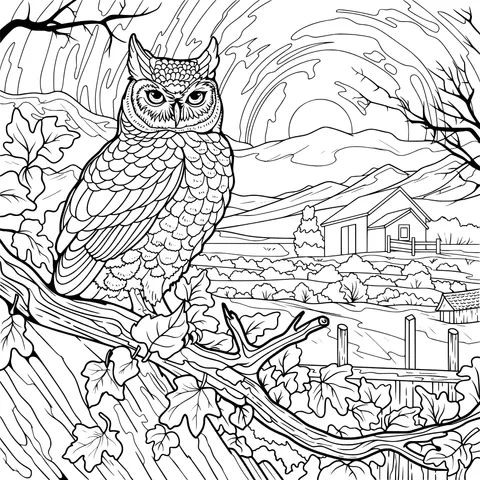 Owl on a Branch in Autumn