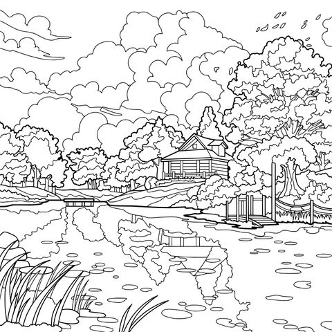 秋日湖畔小屋美景