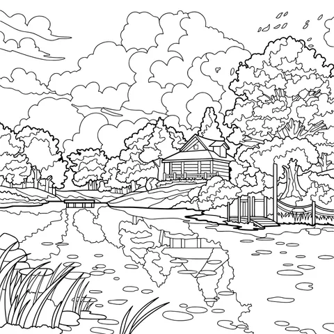 Beautiful Scenery of a Lakeside Cottage in Autumn