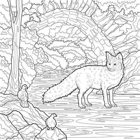 Fox and Birds by the Stream