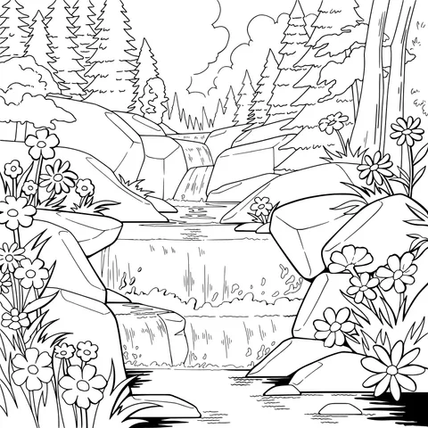 Mountain Waterfall Surrounded by Flowers