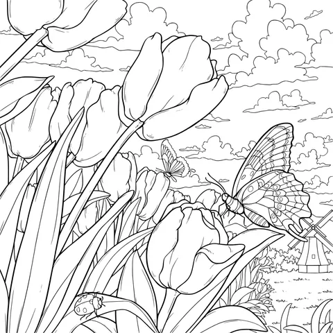 Butterflies and Ladybug among Tulips