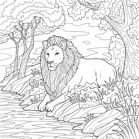 A resting male lion by the river