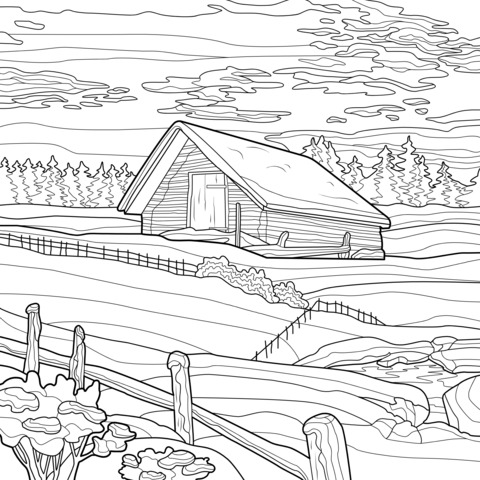 Winter Cabin Landscape Coloring Page