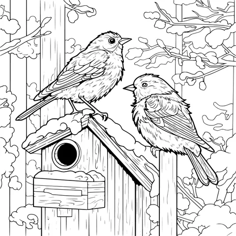 Birds beside the bird - house in winter