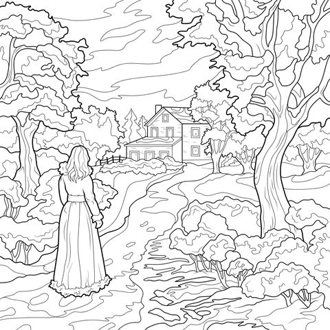 雪中小屋前的女子