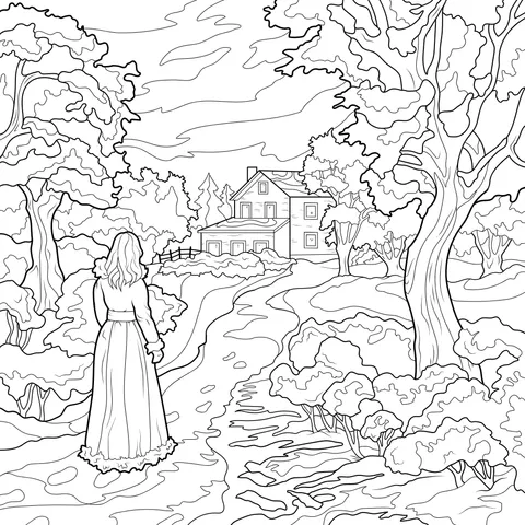 Woman in front of a cabin in the snow