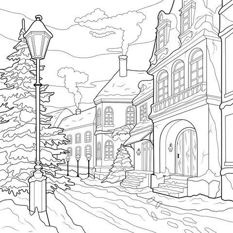 Warm Street Scene in a Winter Snowy Night