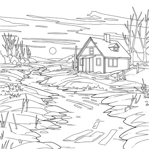 冬日黄昏的小屋
