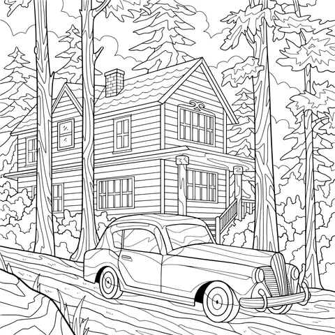 Log Cabin and Vintage Car in the Forest
