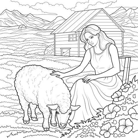 Woman and Sheep in the Countryside