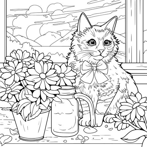 窗边戴蝴蝶结的猫咪与鲜花