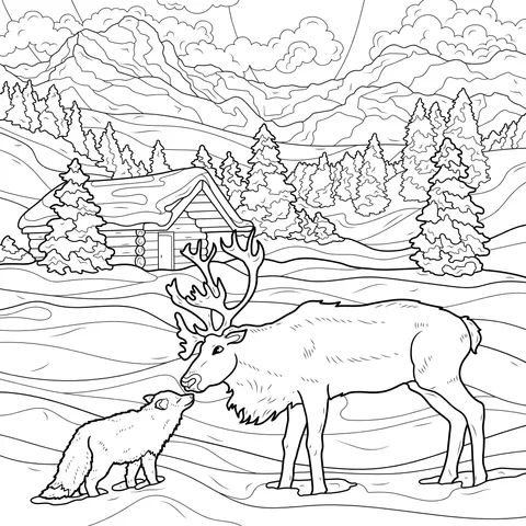 Reindeer and Fox in Winter