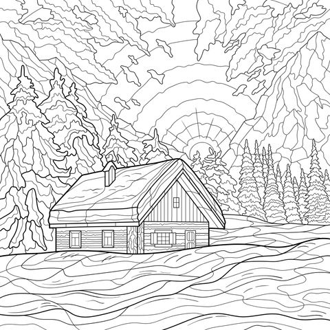 雪中山间小屋的黄昏美景