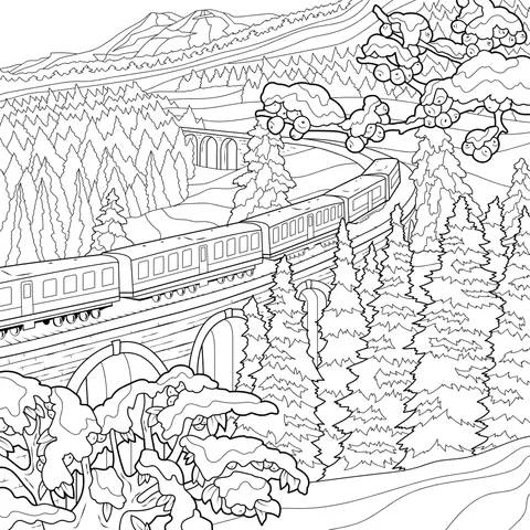 Train traveling in the mountains in winter