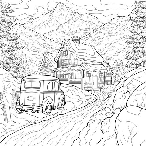 冬日山间小屋与汽车