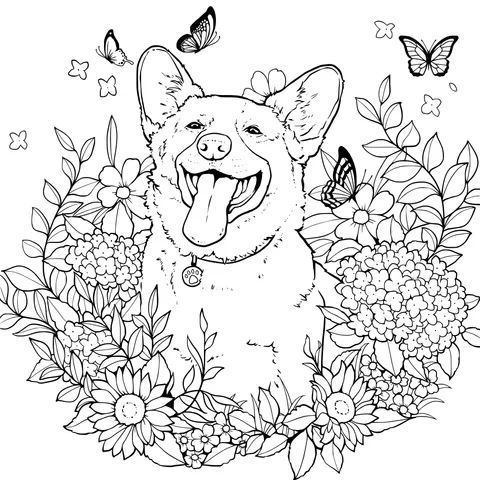 Happy Corgi in the Flower Bed