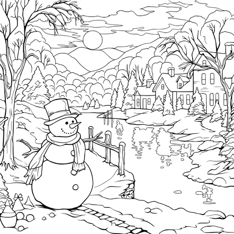 A Quiet Village and a Snowman in the Snowy Night