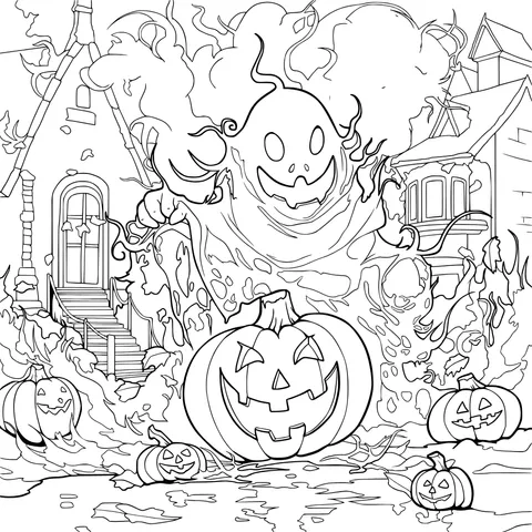 Halloween Scene with Ghost and Jack - o'- lanterns