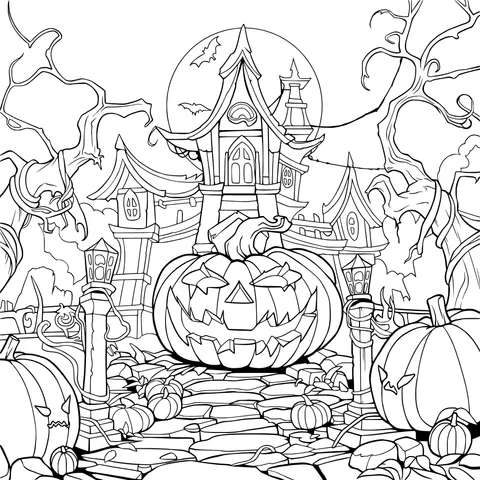 Haunted Castle and Jack - o'- lanterns on Halloween