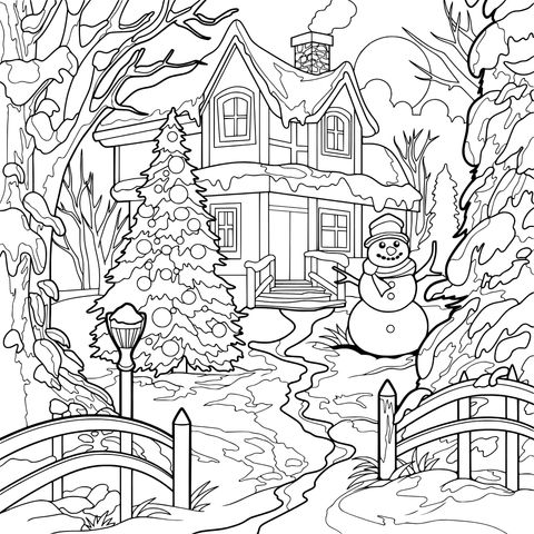冬日温馨小屋与雪人