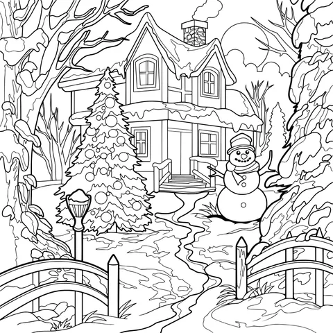 Cozy Winter House and Snowman