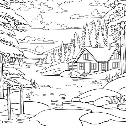 冬日湖畔的小屋日落美景