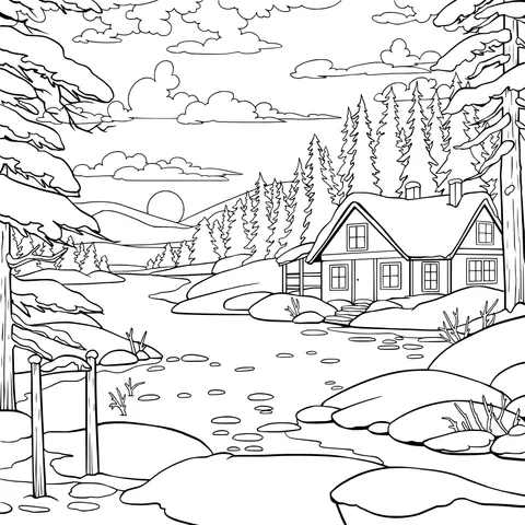 Beautiful Sunset over a Cabin by the Lake in Winter
