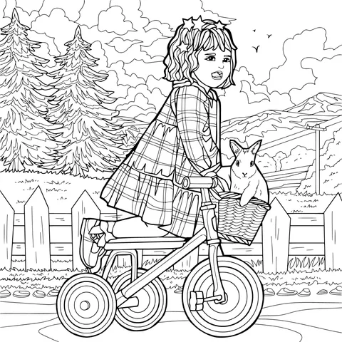 Little girl on a bicycle with a white rabbit