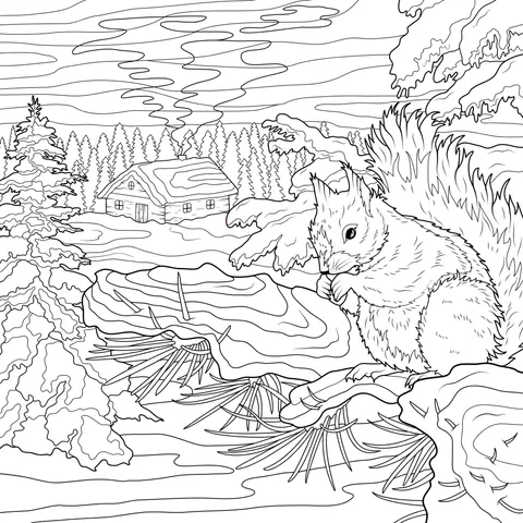 Squirrel in Winter and Cabin in the Woods