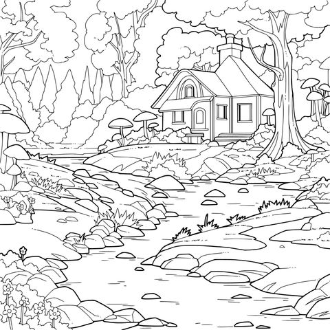 秋日溪边小屋