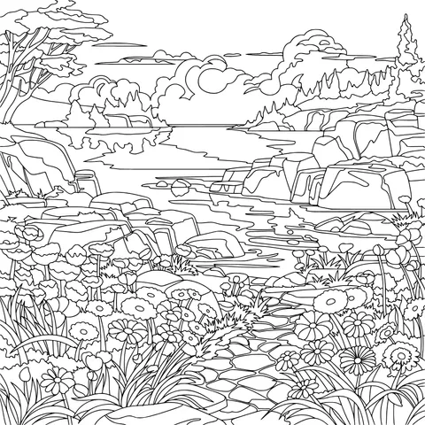 A Path by the Flower - filled Lake