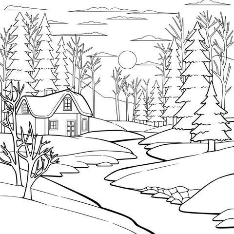 Cabin in the forest at winter dusk
