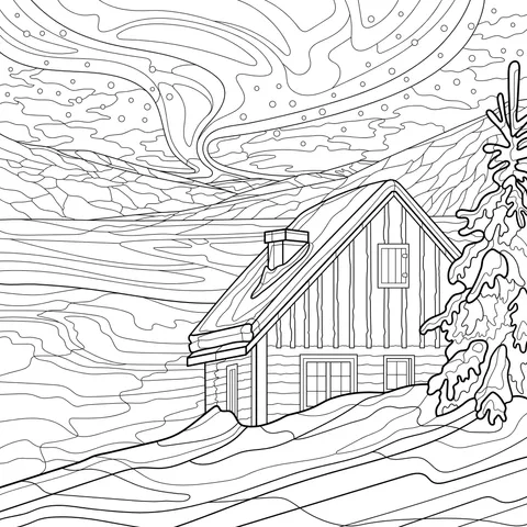 Snow - covered Cabin under the Northern Lights