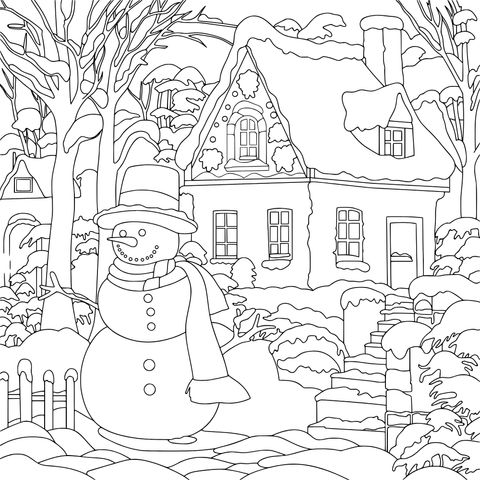 雪人与小屋的冬日美景