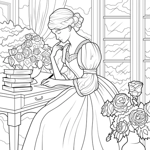 A lady in vintage attire writing at a desk