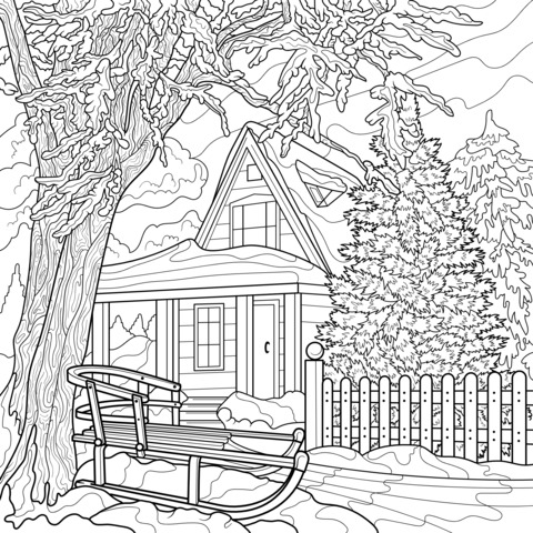 Winter Cottage Coloring Page: A Serene Dwelling in a Cozy Snowy Scene