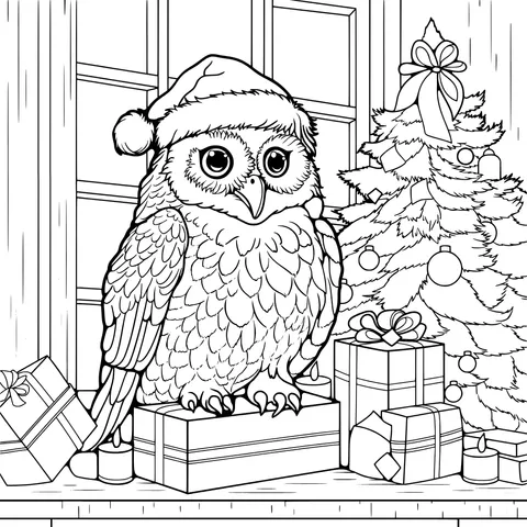 An owl wearing a Santa hat with gifts and a Christmas tree
