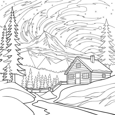 山间雪夜中的木屋