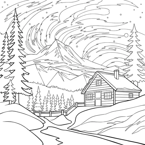 Log cabin in the snowy mountain night