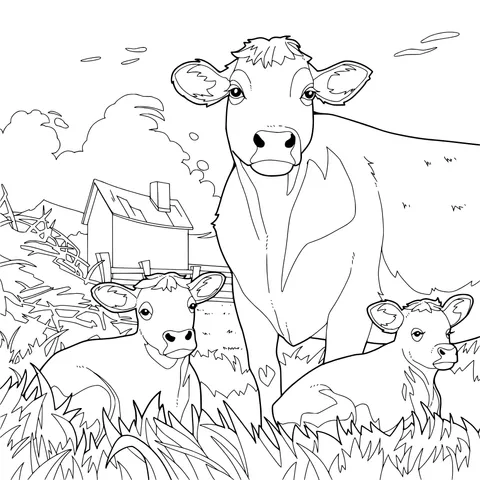 Cow and Calves on the Farm