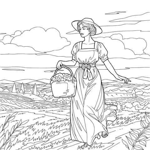 Woman walking with a basket in the fields