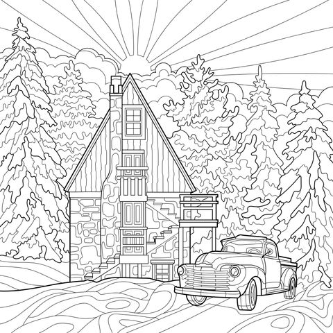 冬日山林中的小屋与卡车