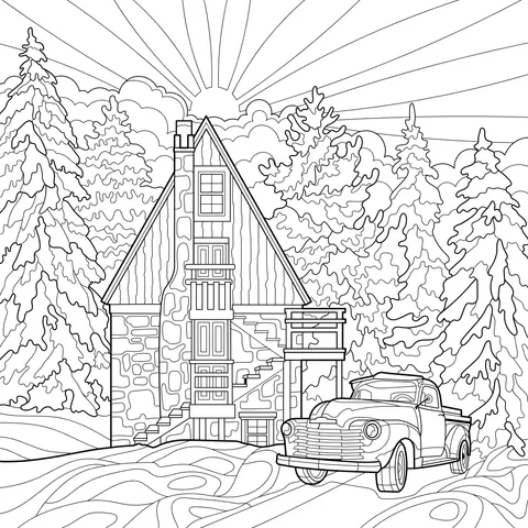 Cabin and Truck in a Winter Forest
