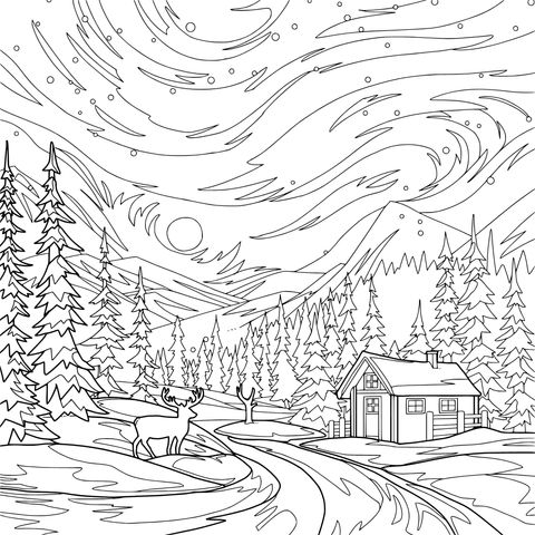 冬夜山林中的小屋与月色