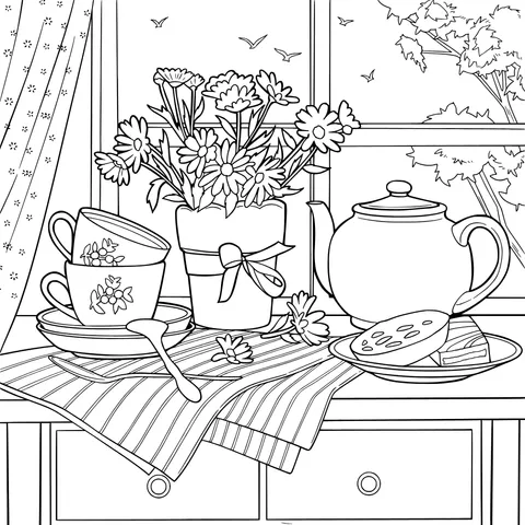 Tea - time treats and floral view by the window