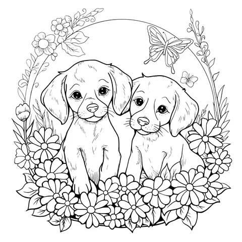 Puppies in the Flower Bed