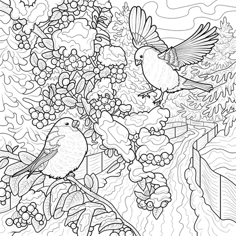 Bullfinches on the Branch in Winter