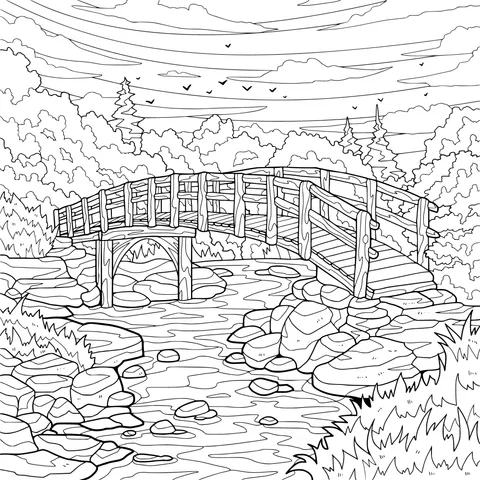 Wooden Bridge over Stream at Sunset