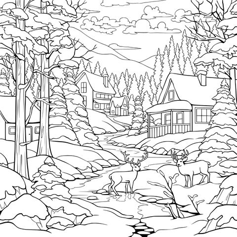 冬日雪林里的温馨小屋与小鹿